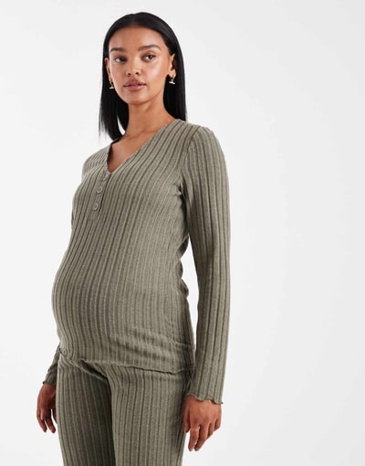 ASOS Mamalicious Maternity super soft rib knit nursing-friendly Henley top in khaki - part of a set