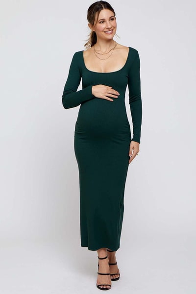 PinkBlush Forest Green Ribbed Scoop Neck Maternity Midi Dress