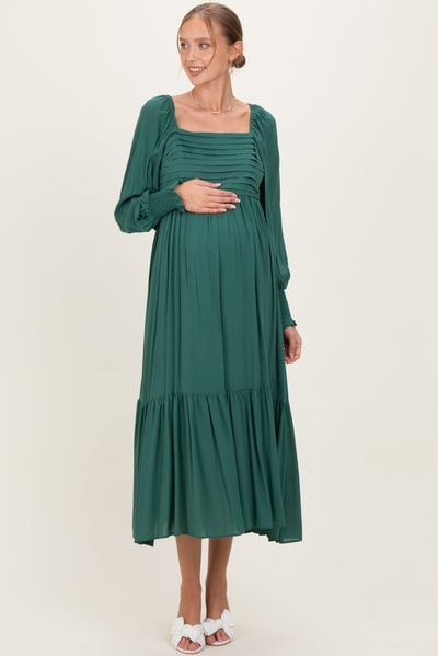 PinkBlush Forest Green Pleated Bodice Long Sleeve Maternity Maxi Dress