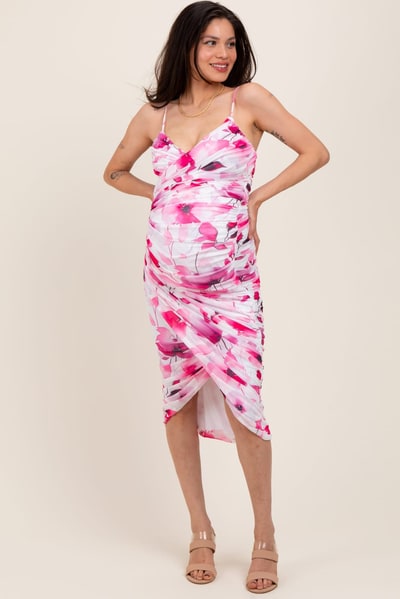PinkBlush Pink Floral Ruched Tulip Hem Maternity Midi Dress