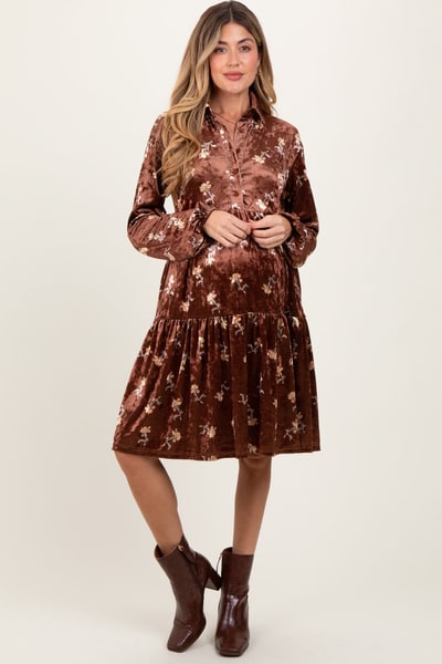 PinkBlush Brown Floral Velvet Button Down Maternity Midi Dress
