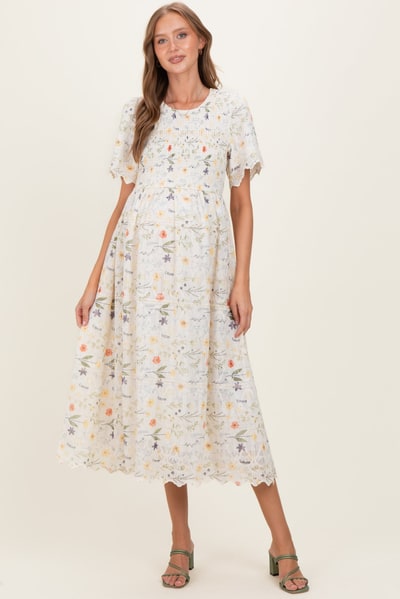 PinkBlush Beige Floral Button Down Collared Maternity Midi Dress