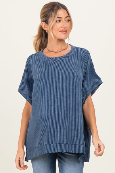 PinkBlush Blue Solid Ribbed Short Sleeve Oversized Maternity Tunic Top