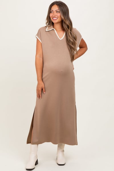 PinkBlush Mocha Collared Stitch Detail Short Sleeve Maternity Midi Dress