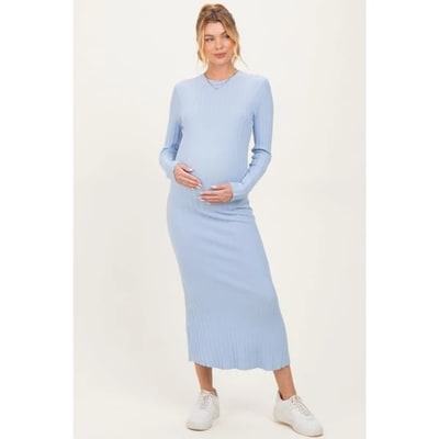 Target Pinkblush Light Blue Ribbed Knit Fitted Maternity Midi Sweater Dress Small