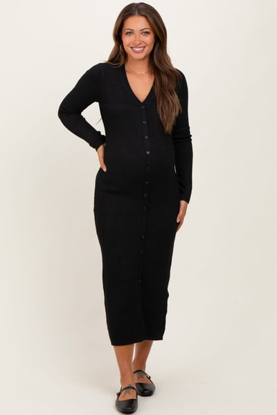 PinkBlush Black Ribbed Knit Button Down Long Sleeve Maternity Midi Dress