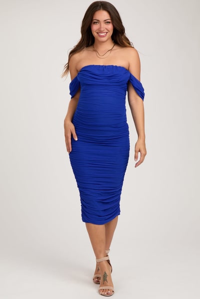 PinkBlush Royal Off Shoulder Sleeveless Ruched Mesh Maternity Midi Dress