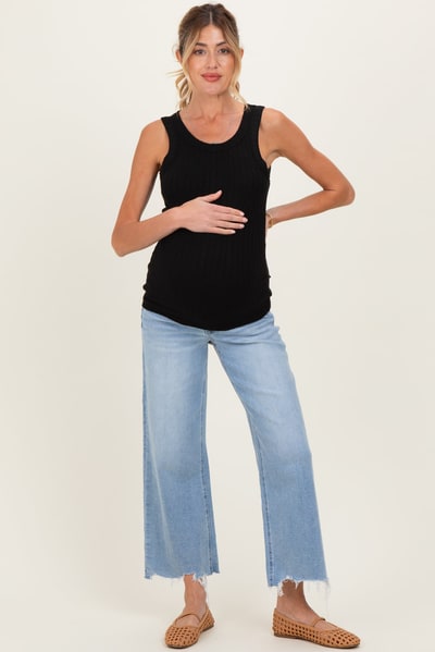 PinkBlush Light Blue Frayed Hem Crop Wide Leg Maternity Jeans