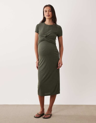 ASOS Mamalicious maternity short sleeve knot front midi dress with nursing function in dark khaki