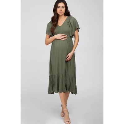 Target Pinkblush Olive Smocked Ruffle Maternity Dress Medium