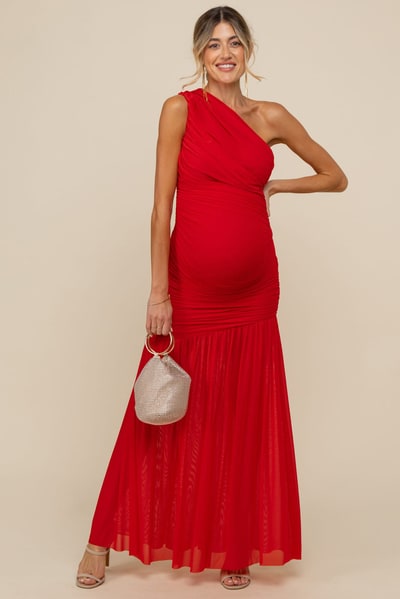 PinkBlush Red Ruched Mesh One Shoulder Maternity Maxi Dress