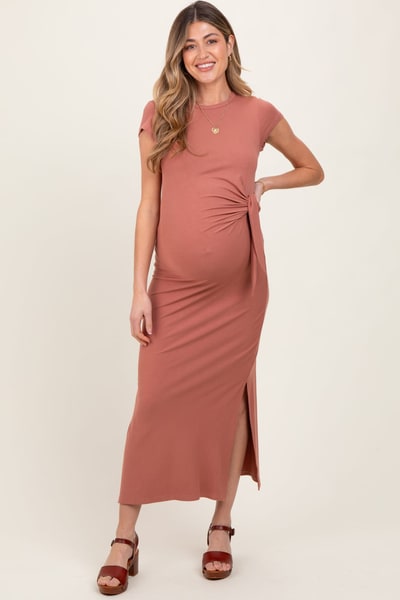 PinkBlush Mauve Side Knot Tie Short Sleeve Maternity Midi Dress