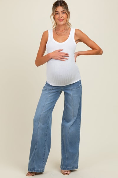 PinkBlush Blue Front Seam Super Wide Leg Maternity Jeans