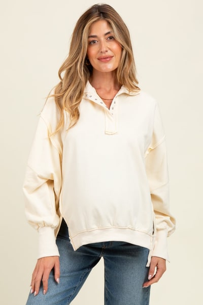 PinkBlush Cream Snap Button Pullover Henley Maternity Sweatshirt