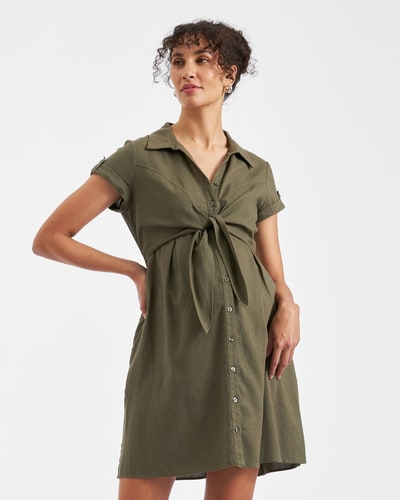 Ripe Maternity Colette Tie Up Linen Dress Olive