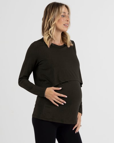 Angel Maternity Bamboo Long Sleeve Maternity and Nursing Top in Black