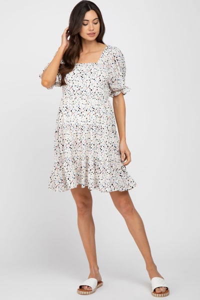 PinkBlush Ivory Printed Puff Sleeve Maternity Tiered Dress
