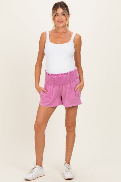 PinkBlush Fuchsia Smocked Waist Mineral Wash Maternity Shorts