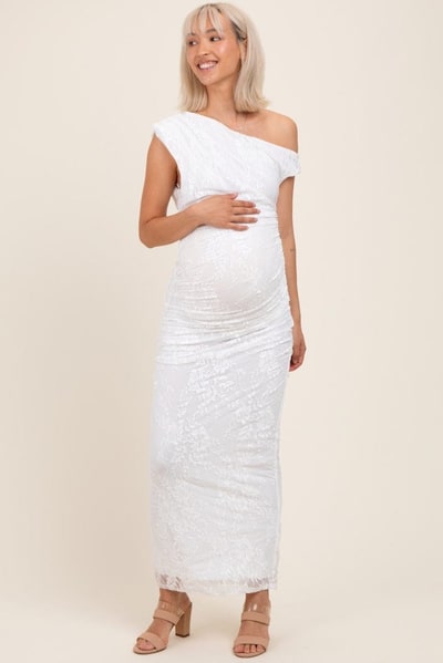 PinkBlush White Lace Asymmetrical Ruched Maternity Maxi Dress