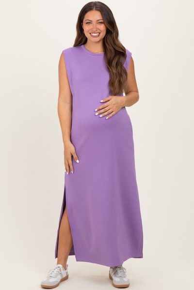 PinkBlush Lavender Sleeveless Side Slit Maternity Midi Dress