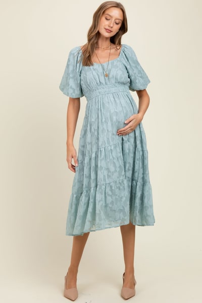 PinkBlush Light Blue Textured Floral Short Sleeve Maternity Midi Dress