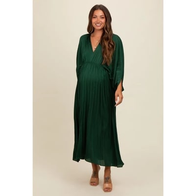 Target PinkBlush Forest Green Satin Pleated V-Neck Maternity Maxi Dress Forest Green  Small