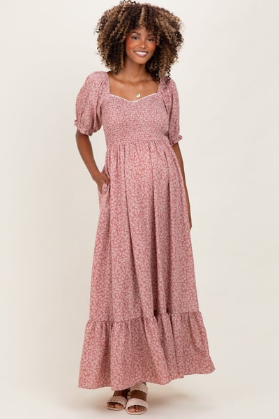 PinkBlush Mauve Floral Lace Trim Smocked Maternity Maxi Dress
