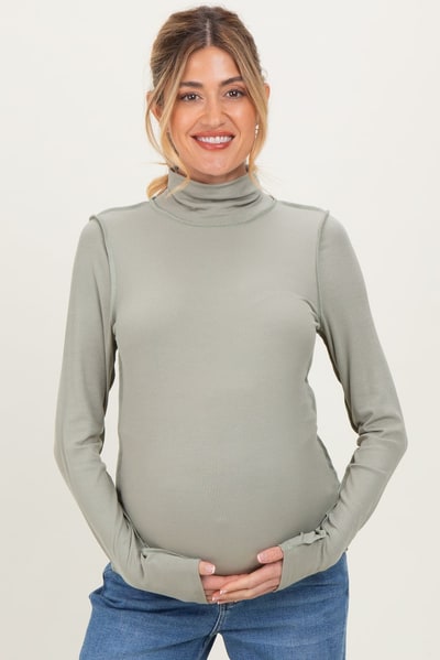 PinkBlush Light Olive Solid Long Sleeve Ribbed Turtle Neck Maternity Top