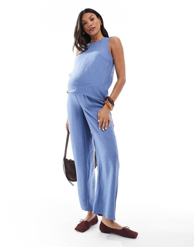 ASOS Mamalicious crinkle textured wide leg pants in blue - part of a set