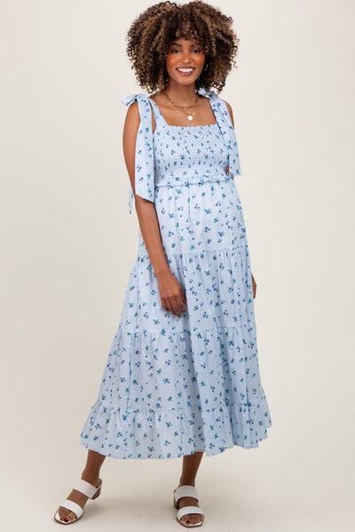 PinkBlush Light Blue Floral Striped Smocked Shoulder Tie Maternity Maxi Dress