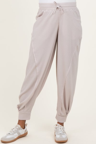 PinkBlush Beige Waffle Knit Raw Seam Maternity Joggers
