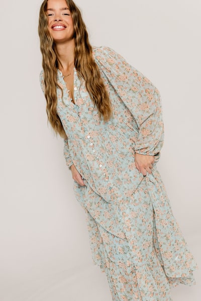 Worth Collective Anna Button-Down Maxi Dress in Light Blue - Bump Friendly
