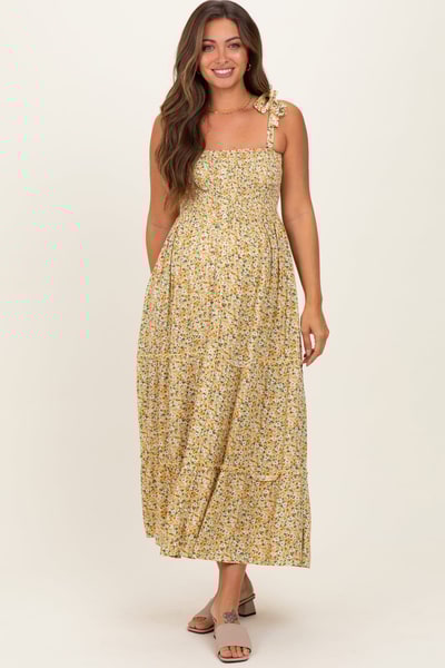 PinkBlush Yellow Floral Button Down Shoulder Tie Maternity Maxi Dress