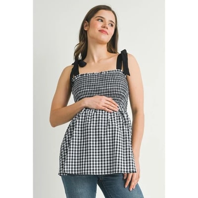 Target Hello Miz Women's Gingham Smocked Tie Strap Maternity Top  - Black - Small