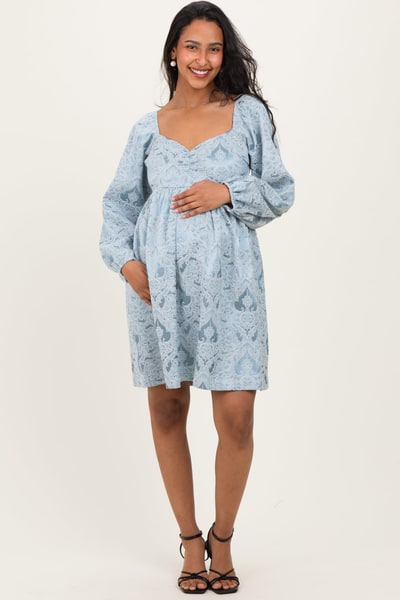 PinkBlush Light Blue Damask Jacquard Long Sleeve Maternity Dress