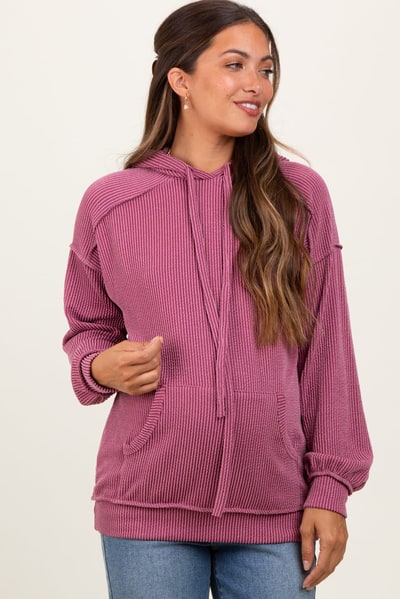 PinkBlush Mauve Ribbed Front Pocket Maternity Drawstring Hoodie