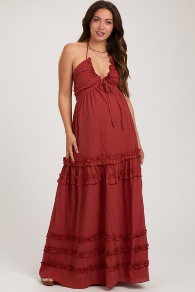 PinkBlush Rust Ruffle Ruched Deep V-Neck Maternity Maxi Dress