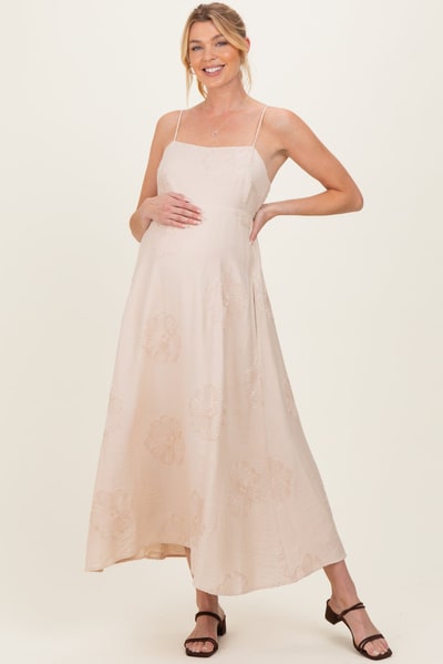 PinkBlush Beige Flower Embroidered Maternity Midi Dress