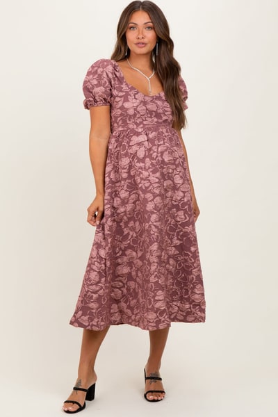 PinkBlush Mauve Floral Jacquard Puff Sleeve Maternity Midi Dress
