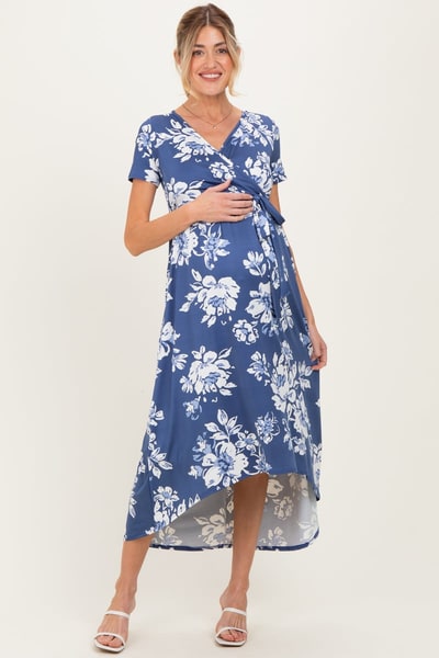 PinkBlush Denim Blue Floral Print Short Sleeve Hi-Low Maternity Wrap Dress
