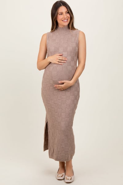 PinkBlush Mocha Checkered Knit Mock Neck Side Slit Maternity Maxi Dress