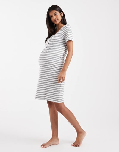 ASOS Mamalicious Maternity 2 function nursing nightdress in light gray and white stripe