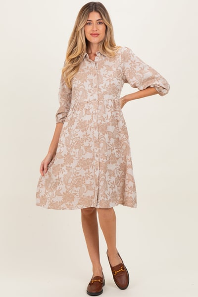 PinkBlush Beige Floral Button Down 3/4 Sleeve Maternity Midi Dress