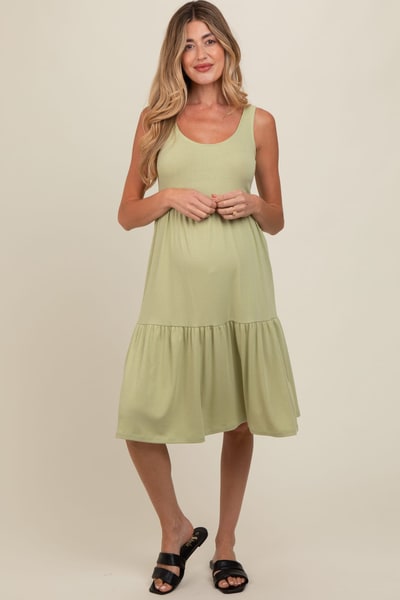 PinkBlush Light Olive Tiered Sleeveless Maternity Midi Dress