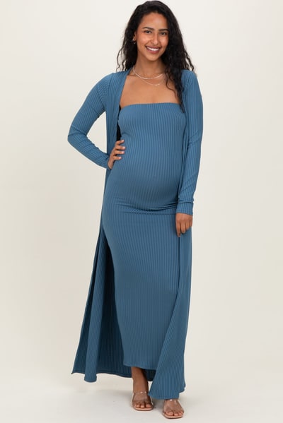 PinkBlush Navy Ribbed Sleeveless Dress Cardigan Maternity Set