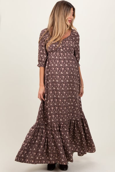 PinkBlush Chestnut Floral Sweetheart Neckline Maternity Maxi Dress