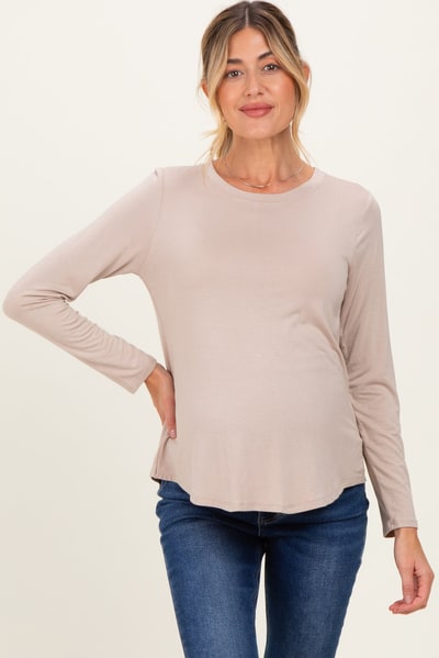 PinkBlush Taupe Flowy Round Hem Maternity Long Sleeve Top