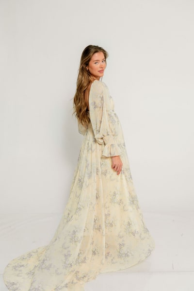 Worth Collective Delilah Maxi Dress with Train in Muted Peach Floral - Bump Friendly