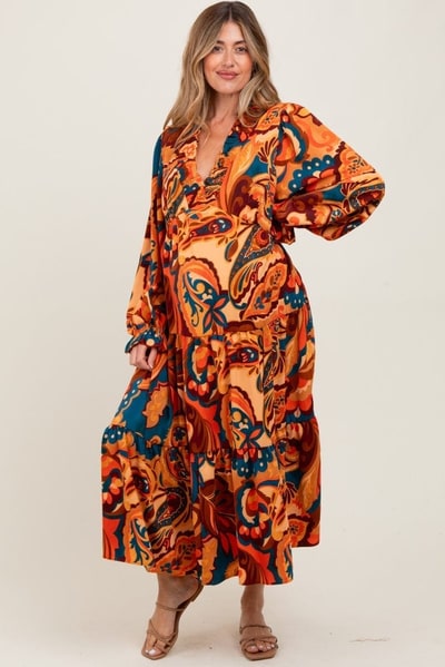 PinkBlush Peach Paisley V-Neck Long Sleeve Tiered Maternity Maxi Dress