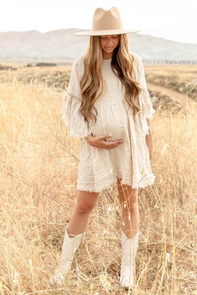 PinkBlush Beige Raw Edge Bell Sleeve Babydoll Maternity Dress